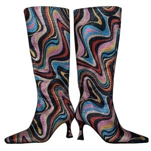 GIANNI BINI BLACK Gray Blue Red metallic Fabric disco boots heels Cat Walk 2